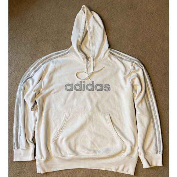 Vintage Adidas Hoodie Mens Size Large Spell Out Striped Sweatshirt White EUC - Picture 1 of 7